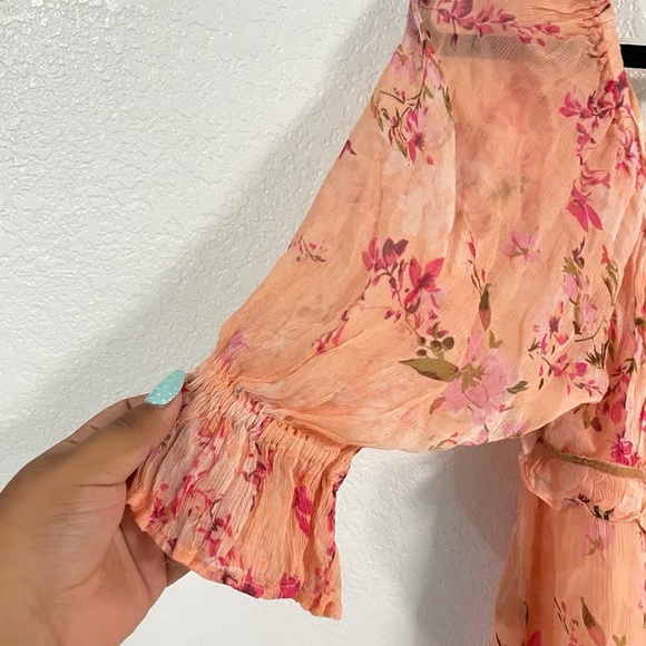 NWOT Free People Marney Mini Dress Floral Printed Puff Sleeve Ribbon Ruffle S - Picture 7 of 8